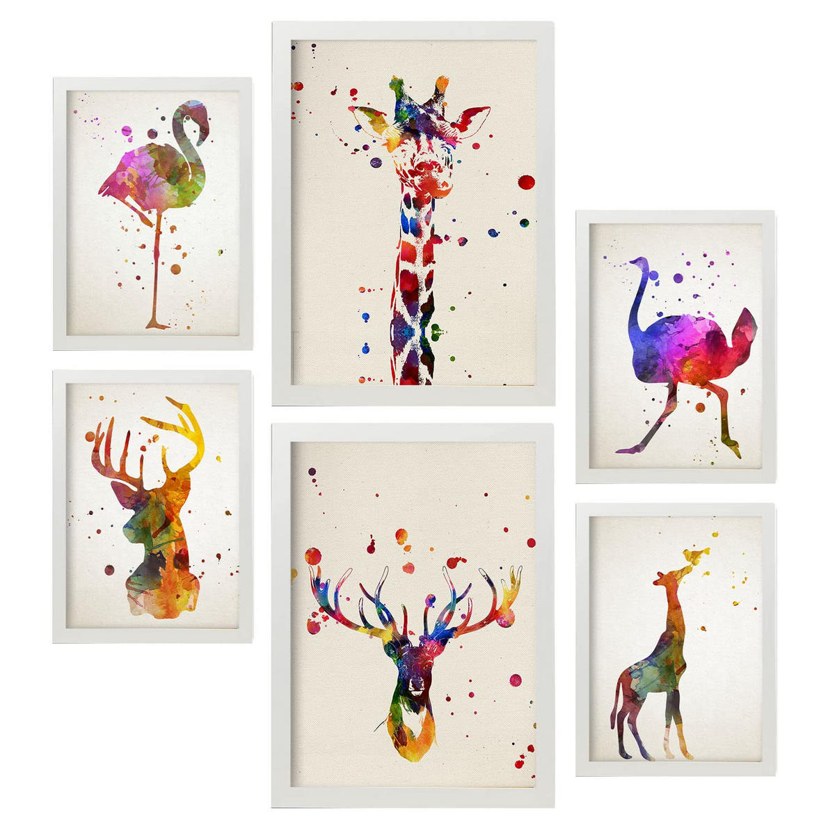 POSTER Set Mit 6 Von Aquarelltieren Sammlung A3 & A4 Weißer Rahmen - Weiß, Papier (29/3cm) - Nacnic