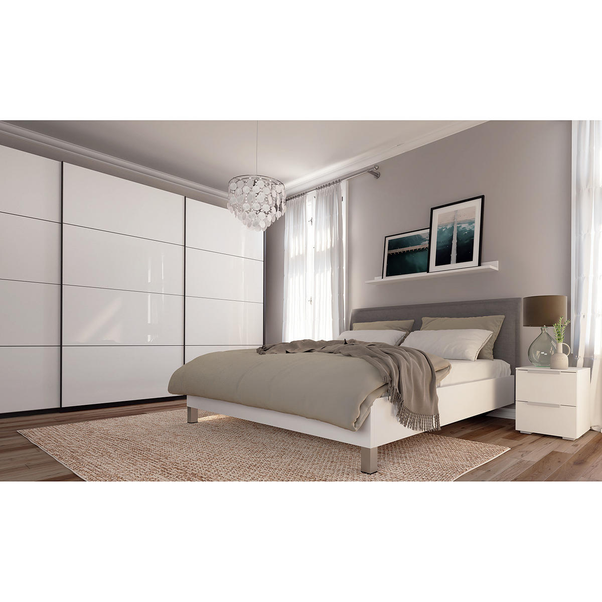 SCHWEBETÜRENSCHRANK - Weiß Hochglanz/Grau, Holzwerkstoff (360/236/68cm) - home24