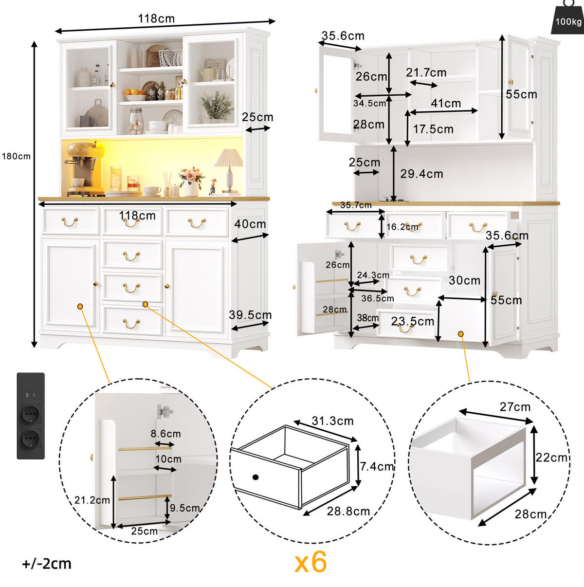 BUFFETSCHRANK 118/39,5/180 cm mit LED-Lichtleiste, Steckdosenleiste und flexiblem Stauraum, Weiß - Weiß, Holzwerkstoff (118/180/40cm) - Redom