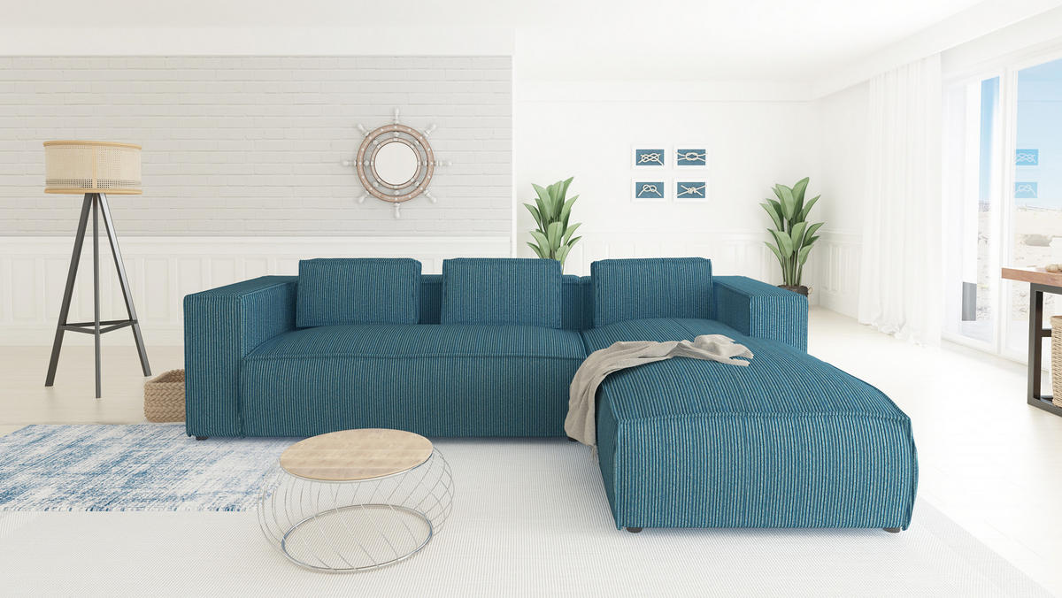 ECKSOFA Nova Türkis Cord, Ottomane rechts - Türkis/Schwarz, Holz/Kunststoff (262/176cm) - S-Style Möbel