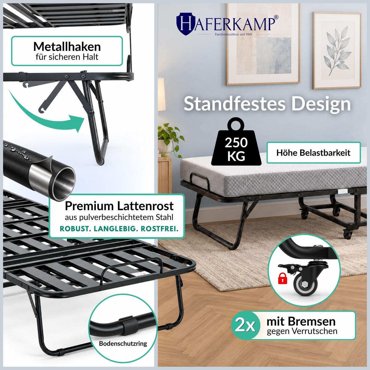 KLAPPBETT RESTO inkl. Premium Matratze 250kg Faltbar Gästebett TxB 90x200cm Weiß-Anthrazit - Weiß, Metall