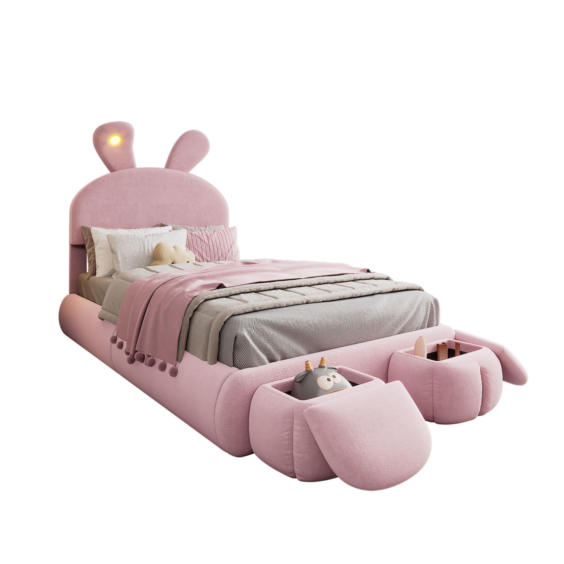 POLSTERBETT 90/200 cm aus Samt mit LED-Hasenohren und 2 Aufbewahrungshockern Rosa - Rosa, Textil (90/200cm) - Modenvie