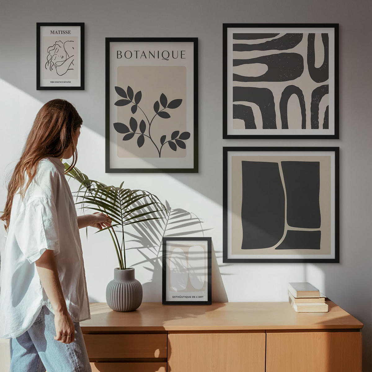 BILDER SET 5er Set - 50x50 cm & 20x30 cm & 40x60 cm Schwarzer Rahmen - Matisses stilvolle Pflanzenbilder - Schwarz, Kunststoff (40/60cm) - TULUP