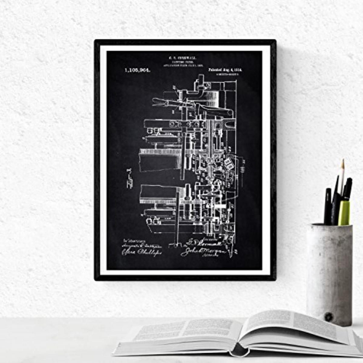 POSTER Set mit 4 Schwarz Druckerei Patent A4 Schwarzer Rahmen - Schwarz, Papier (29.7/3cm) - Nacnic