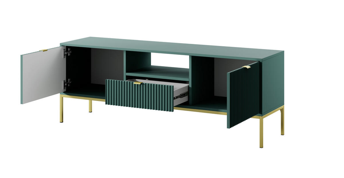 TV-SCHRANK NOVA Geriffelt Regal, 2 Türen, Schublade, Goldene Beine, 154x39x56cm, Labrador - Türkis/Goldfarben, Holzwerkstoff/Kunststoff (154/56/39cm) - DomoHome
