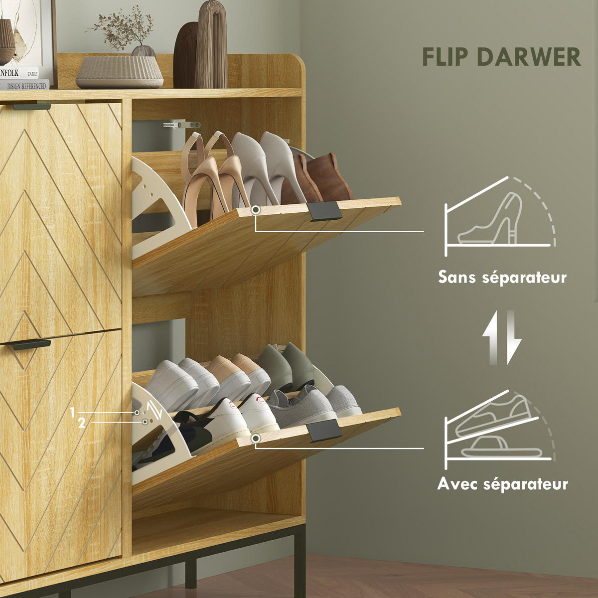 SCHUHSCHRANK Eichefarben Holzwerkstoff mit 4 Klappen platzsparend 1 Stück - Naturfarben, Holzwerkstoff (110/95.5/23.5cm) - PANGIVO