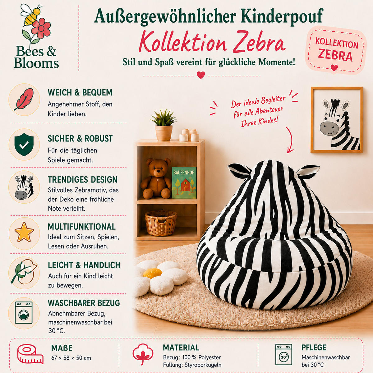 KINDER-SITZSACK Zebra – weicher Beanbag-Sessel fürs Kinderzimmer - Weiß, Textil (58/50/67cm) - Bees & Blooms