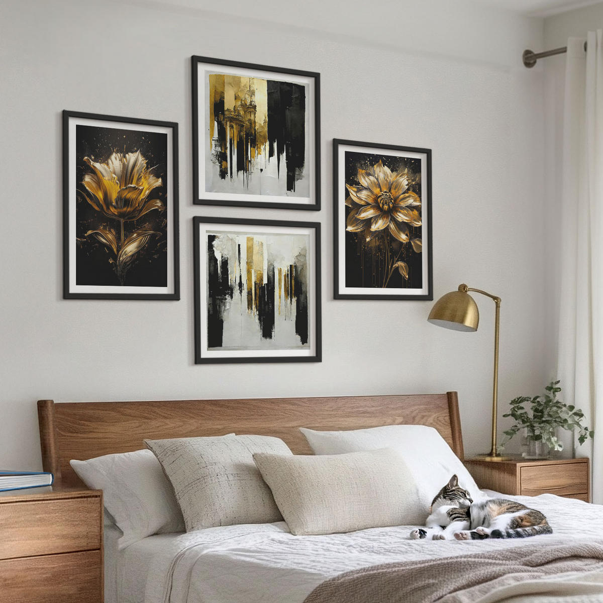 BILDER SET 4er Set - 50x50 cm & 40x60 cm Schwarzer Rahmen - Stilvolle moderne Blumen - Schwarz, Kunststoff (50/50cm) - TULUP