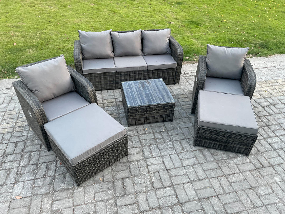 GARTENMÖBEL SET mit 3-SITZER SOFA Polyrattan Dunkelgrau 7-Sitzer - Dunkelgrau/Grau, Glas/Kunststoff - Fimous