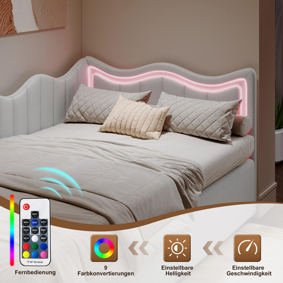 KINDERBETT 90×200 cm Bouclé-Stoff Weiß – Bett mit LED-Beleuchtung - Weiß, Holz