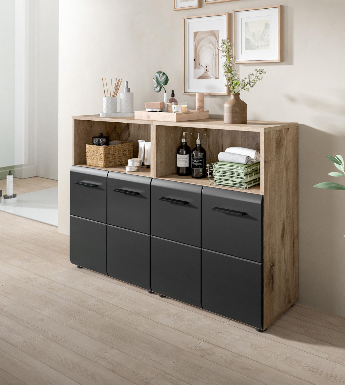 MIDISCHRANK Set Schwarz matt, Eiche Nox, 2x Badkommode, gesamt 120 x 80 cm - Eichefarben/Schwarz, Holzwerkstoff/Kunststoff (120/80/30cm) - Inn.Furn