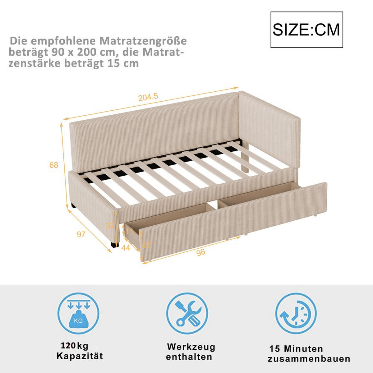SCHLAFSOFA 90x200 cm in Beige Samtstoff mit 2 großen Stauraumschubladen - Beige, Holz/Textil (97/68/204.5cm) - KOMHTOM