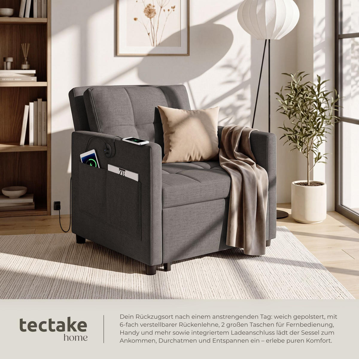 SCHLAFSESSEL Toyama, 82 x 80 x 86 cm, Belastbarkeit 150 kg, dunkelgrau - Dunkelgrau, Textil (82/86/144cm) - tectake