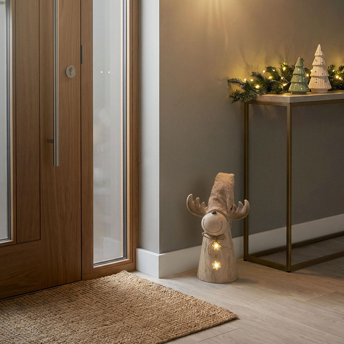 FIGURKA VÁNOČNÍHO SOBÍKA s LED osvětlením, vánoční dekorace do interiéru, výškově nastavitelná 45–63 cm, hnědá, vzhled dřeva - hnědá, kámen (30/63/21cm) - ECD-Germany