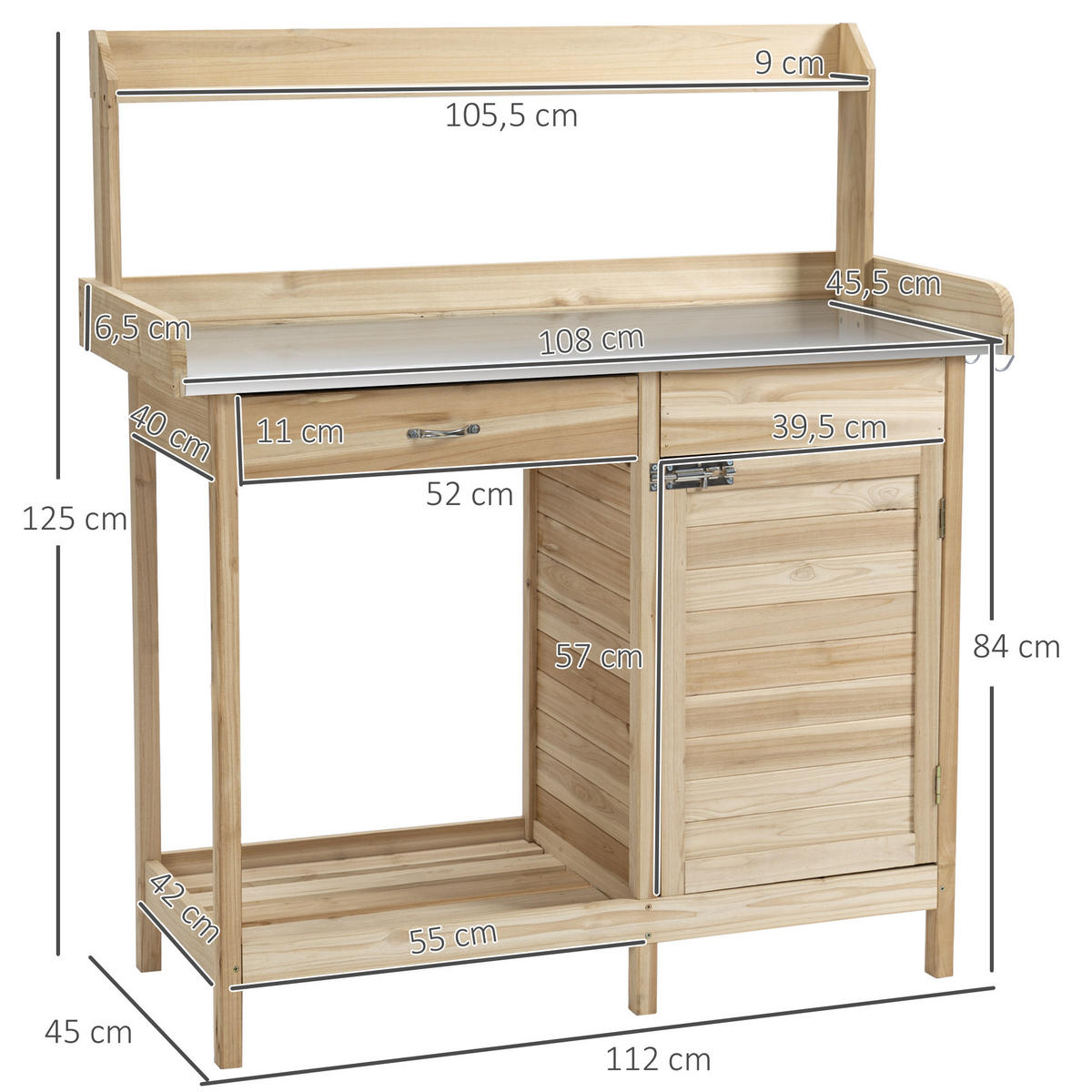 PFLANZTISCH DE-18936 mit Schublade, Schrank, 2 Regalböden Naturholz - Naturfarben, Holzwerkstoff (112/48/125cm) - ComfortXL