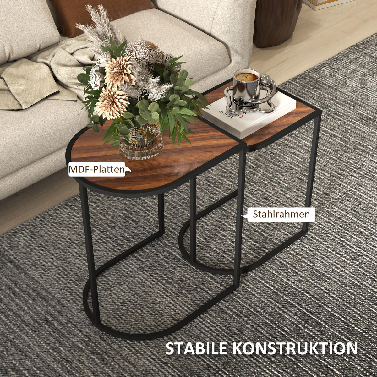 COUCHTISCH 2er-Set, Stahlgestell, Braun+Schwarz - Braun, Holzwerkstoff (38/45/58cm) - HOMCOM