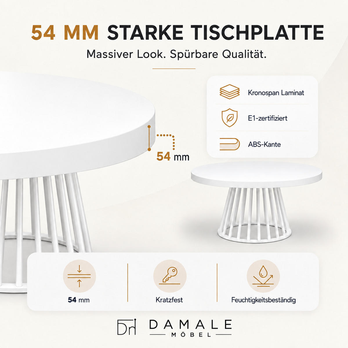 ESSTISCH rund ausziehbar 90/190/76 cm, Weiß, 54 cm Tischplatte + Lamellen-Metallgestell Weiß - Weiß, Holzwerkstoff/Metall (90/190/76cm) - Damale Möbel