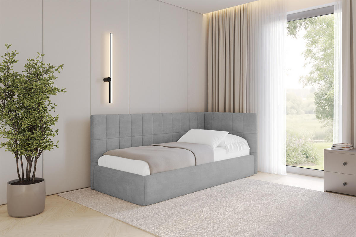 EINZELLBETT Jugendbett mit Bettkasten, Links - TULY 90x200 Grau - Hellgrau, Holzwerkstoff/Textil (90/200cm) - ALTDECOR