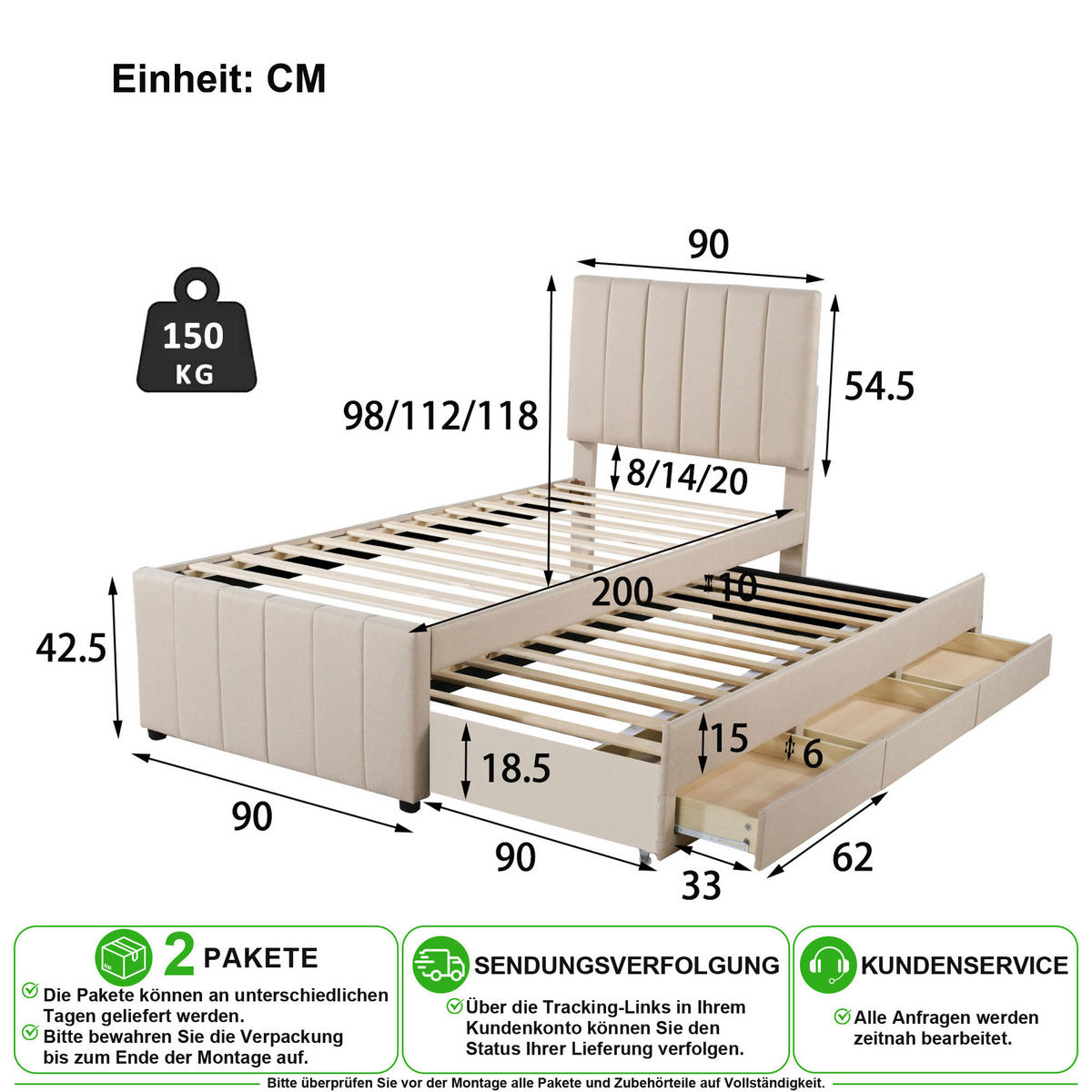 POLSTERBETT 90/200 cm & 90/190 cm in Beige mit 3 Schubladen und Ausziehbett - Beige, Holzwerkstoff/Textil (90/200cm) - CHICFURN