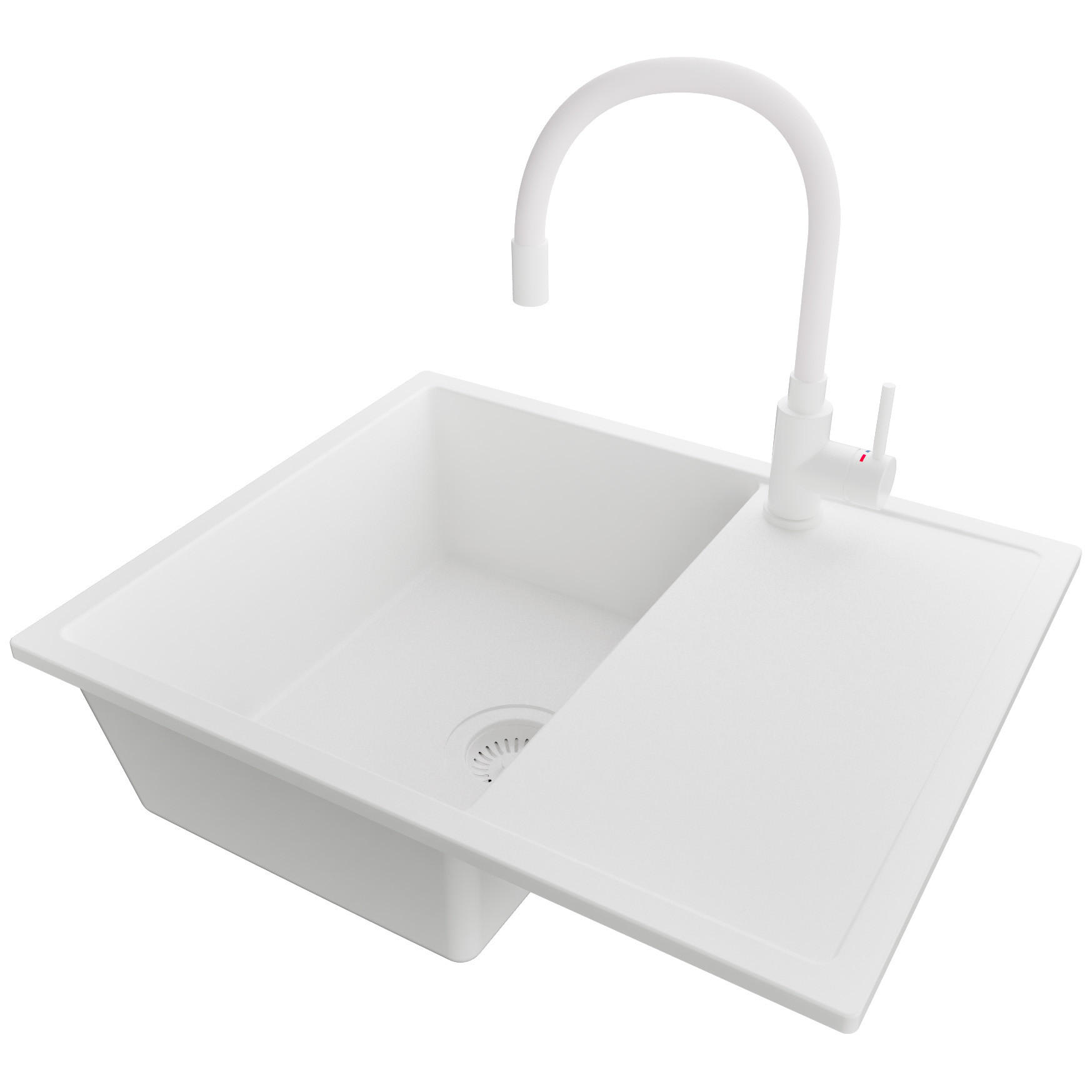 GRANITSPÜLE Ibiza, 2-er set Alles Weiß 62/50 cm 1 Becken + Küchenarmatur 38/14 cm + Ablauf-Set ab 45er Unterschrank - Weiß, Kunststoff (62/19/50cm) - Primagran