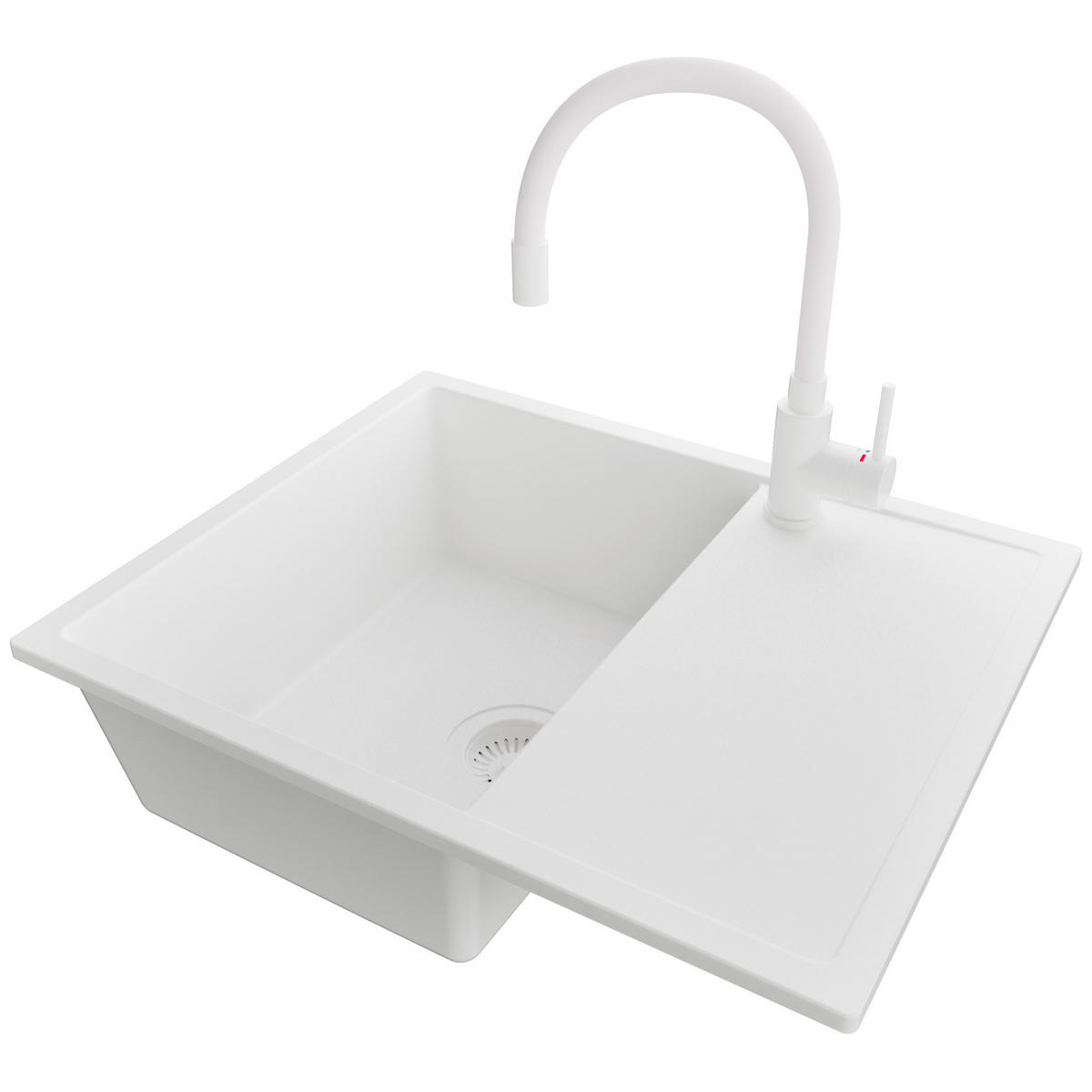 GRANITSPÜLE Ibiza, 2-er set Alles Weiß 62/50 cm 1 Becken + Küchenarmatur 38/14 cm + Ablauf-Set ab 45er Unterschrank - Weiß, Kunststoff (62/19/50cm) - Primagran