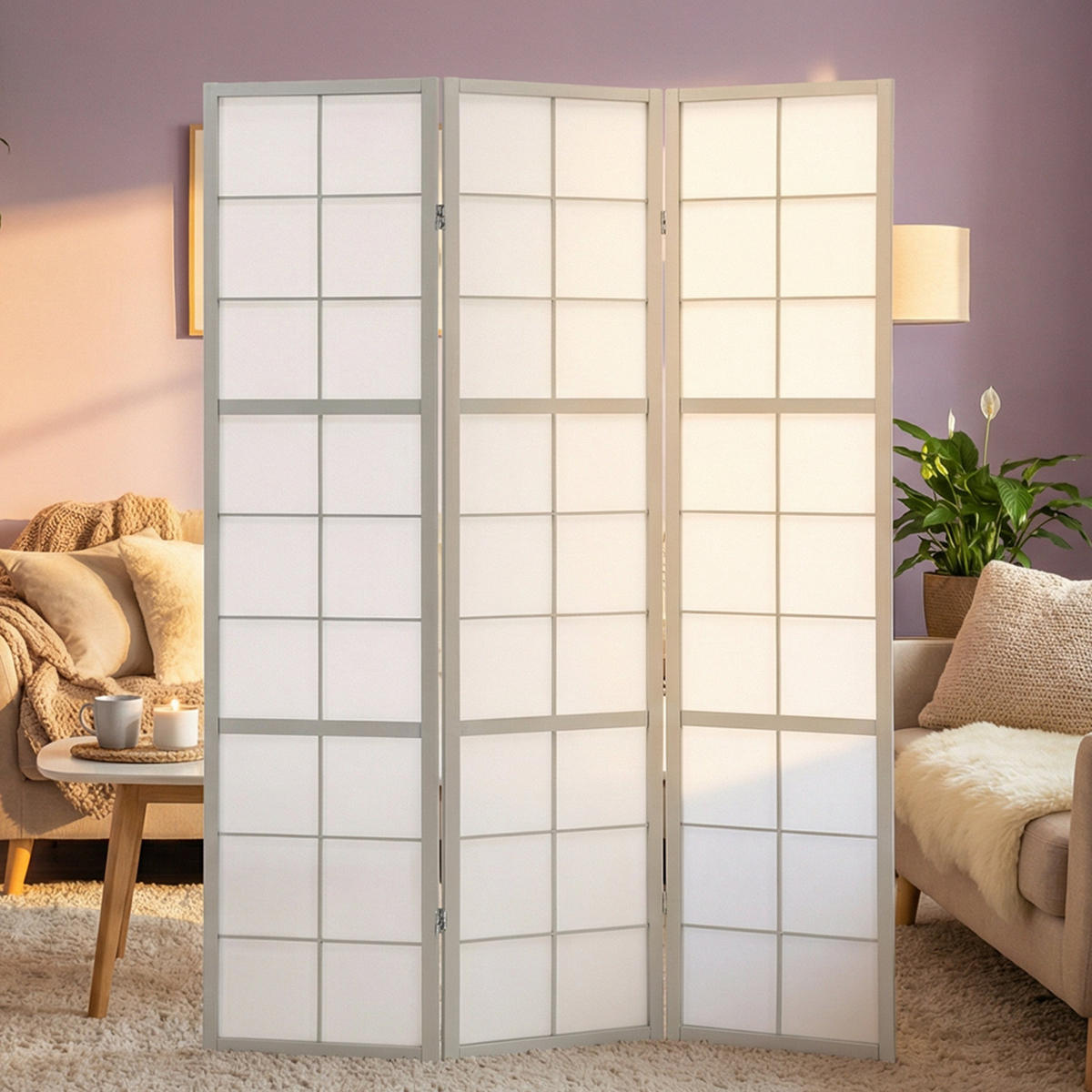 PARAVENT 3-tlg 132/179 cm Grau Holz Shoji - Grau, Holz (132/179/2cm) - Homestyle4u