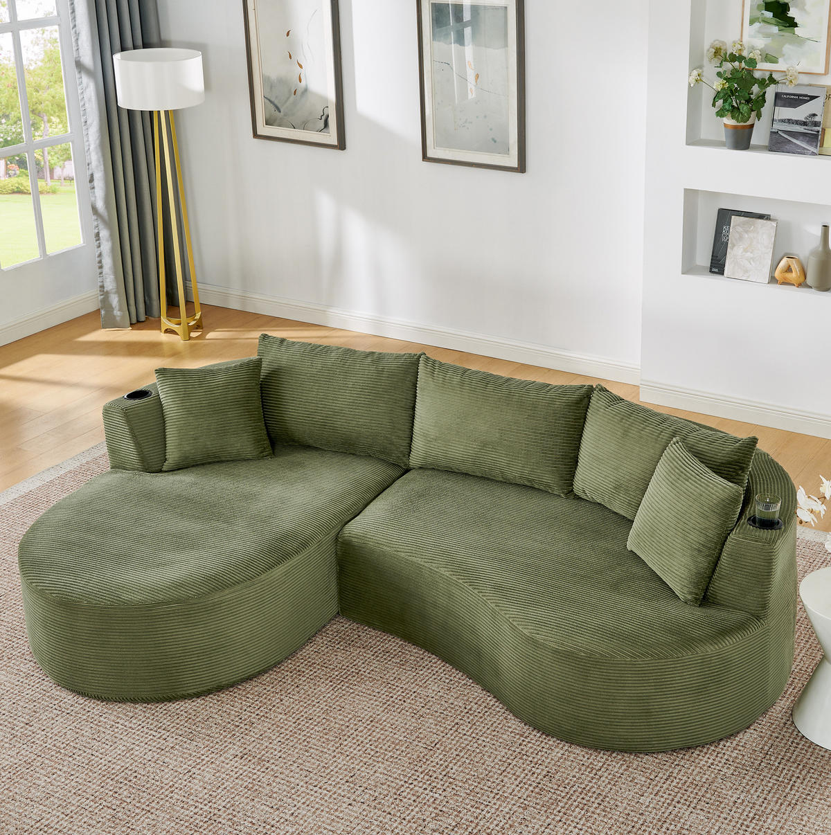 3-SITZER-SOFA mit Getränkehaltern, Kissen und bogenförmigem Design aus Kordstoff und Schaumstoff, Grün - Grün, Kunststoff (264/76/168cm) - Redom