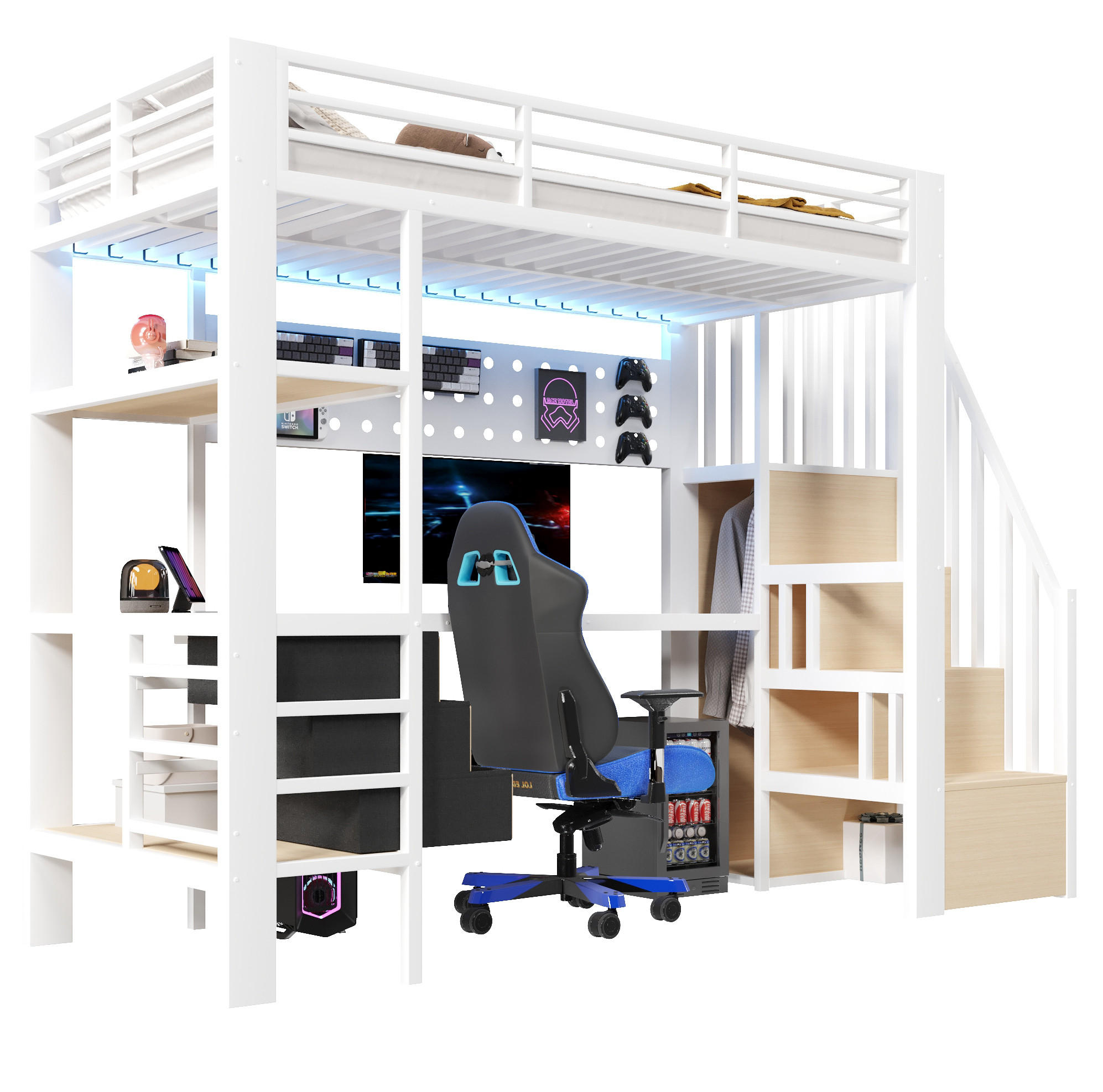 OKWISH PATROVÁ postel 90/200 cm bílá z kovu a MDF s psacím stolem
