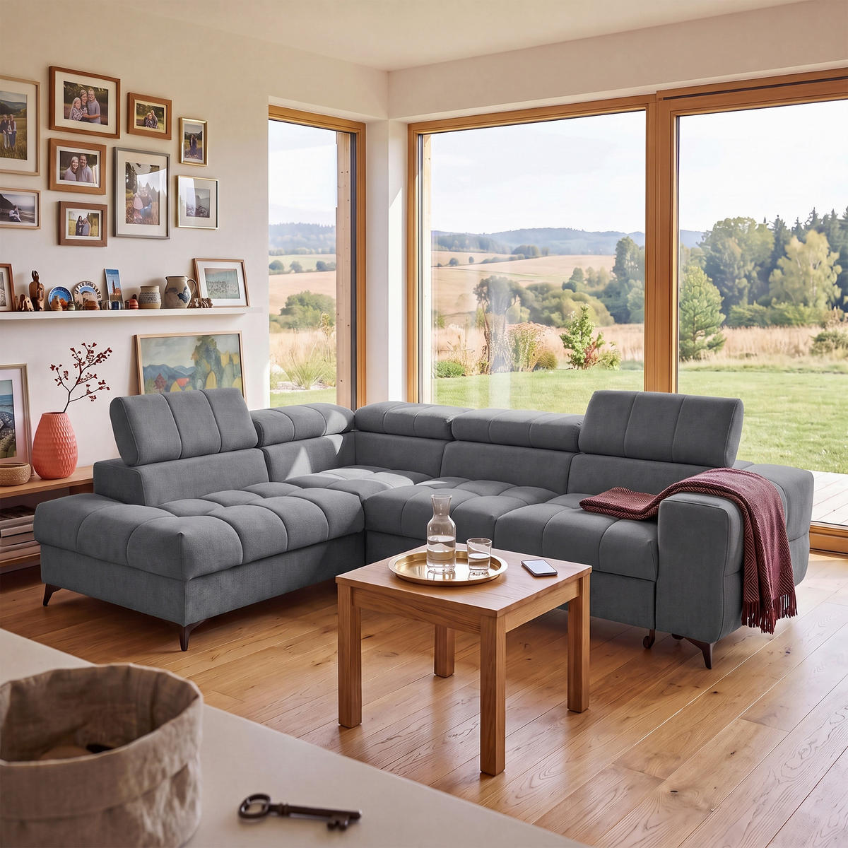 ECKSOFA PUDDING L Links mit Schlaffunktion 125x195 Velours Dunkelgrau - Dunkelgrau/Schwarz, Holz/Textil (203/275cm) - Muffo