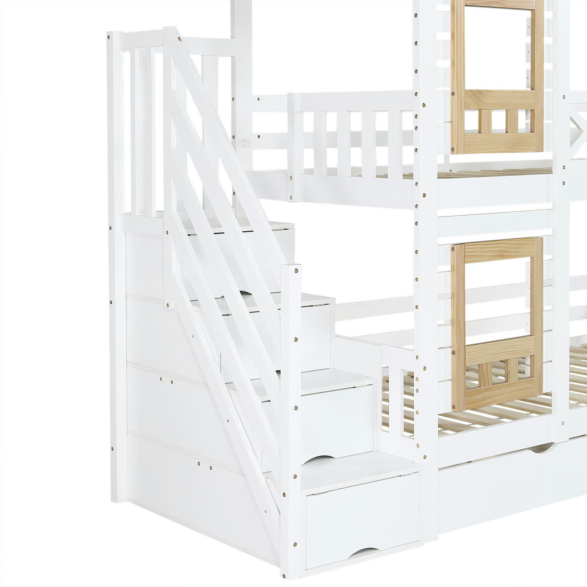 ETAGENBETT 90/200 cm & 90/200 cm in Weiß & Natur Kinderbett mit 2 Schubladen und Stauraumtreppe - Weiß, Holzwerkstoff (90/200cm) - STILVORA