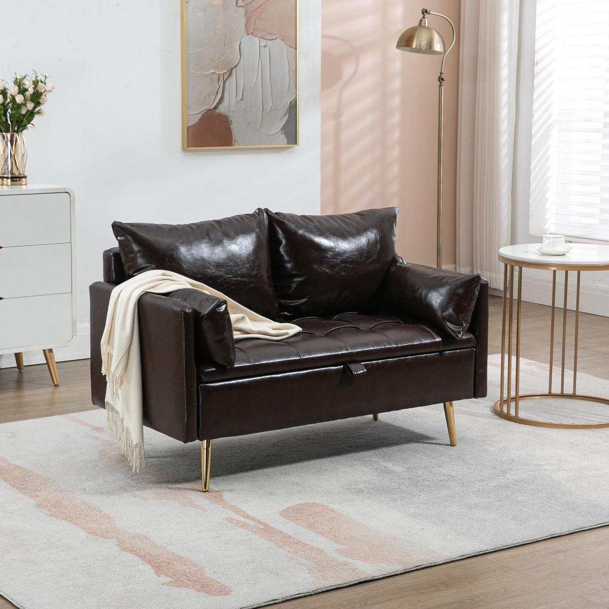 SOFA Sysmä - Dunkelbraun/Goldfarben, Holz/Metall (122/72/65cm) - [en.casa]