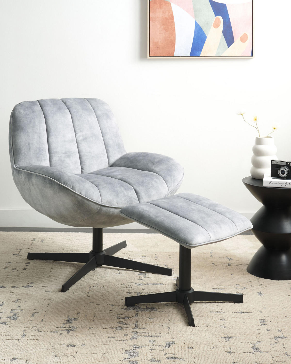 STUHL mit Fußhocker Hellgrau Lia - Schwarz/Grau, Textil (71/79/80cm) - Beliani