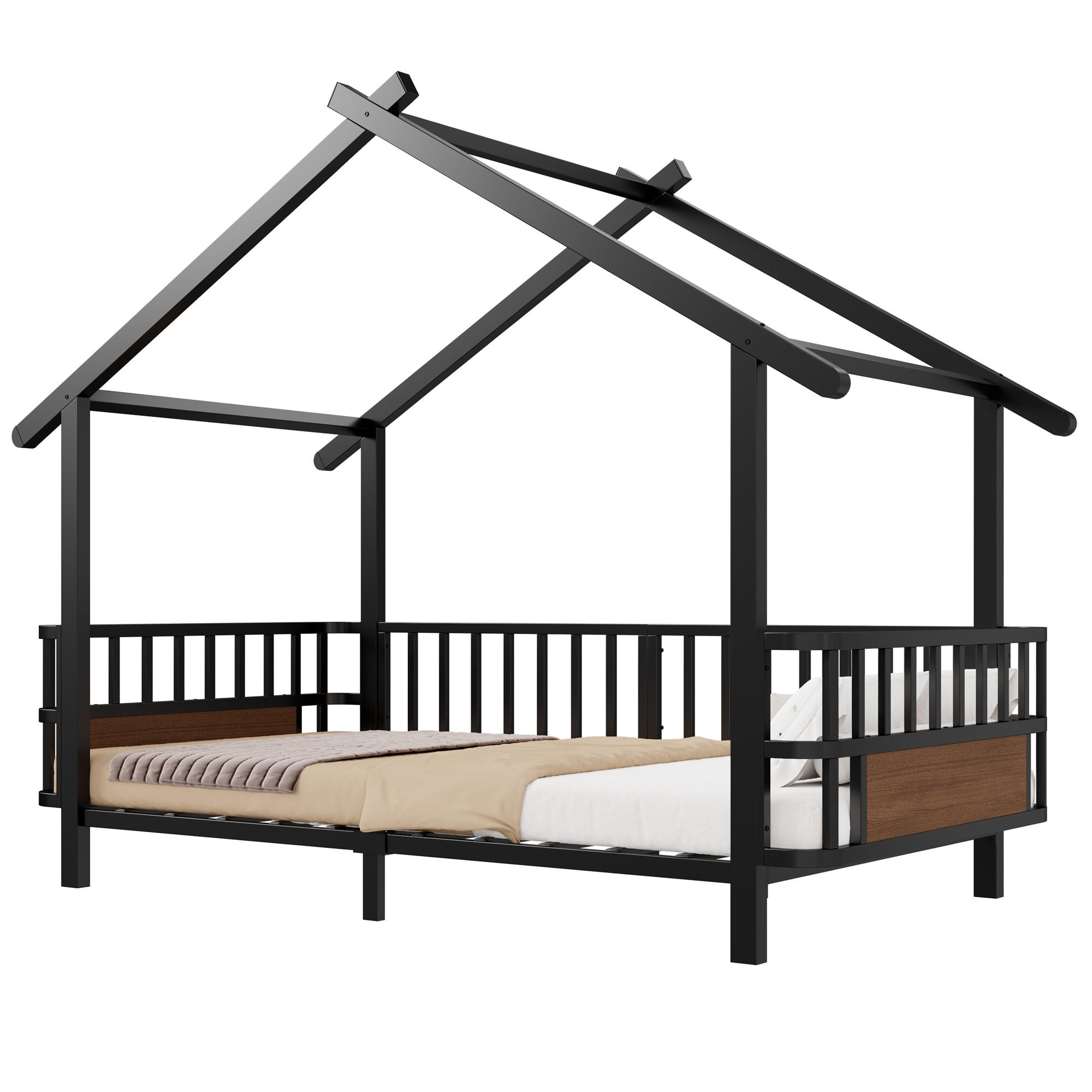 KINDERBETT 90/200 cm in Schwarz mit Sicherheitsgitter und Dachrahmen - Schwarz, Metall - STILVORA