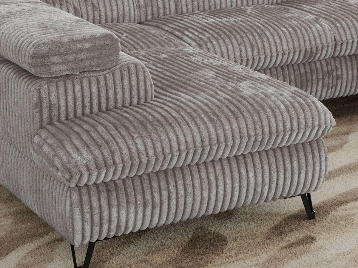 WOHNLANDSCHAFT PABLO U Cord Hellgrau mit Topper T25 - Hellgrau/Schwarz, Textil/Metall (346/76/208cm) - MKS