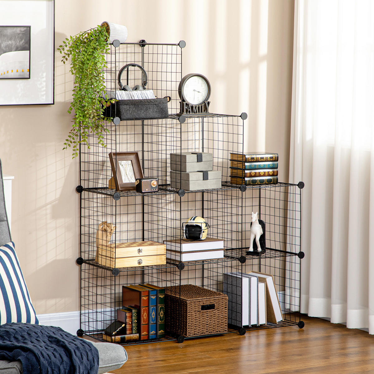 REGALSYSTEM, Steckregal aus Stahldraht, DIY Würfelregal, 9 Fächer, Stufenregal - Schwarz, Metall (35/105/105cm) - HOMCOM