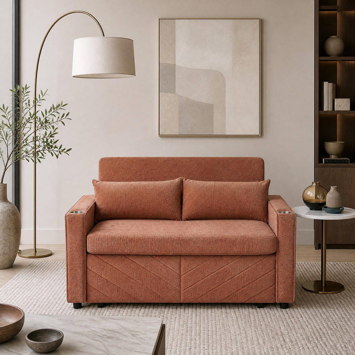 SCHLAFSOFA aus Holz und Stoff mit USB-Ladeports und Schiebe-Transform-Funktion Orange - Orange, Holz (134/73/195cm) - Modenvie