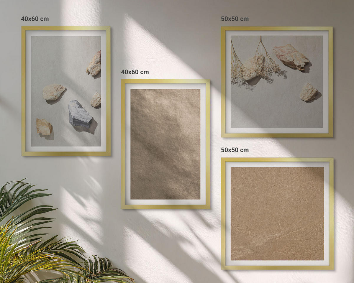 BILDER SET 4er Set - 50x50 cm & 40x60 cm Goldrahmen - Strandsteine natürliche Strukturen - Goldfarben, Kunststoff (50/50cm) - TULUP