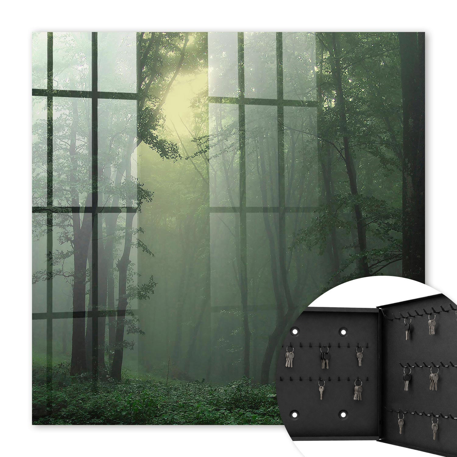 SCHLÜSSELBOX Schwarz 30x30 cm- Türöffnung nach rechts - Waldnebel - Grün, Metall (30/30/5cm) - TULUP