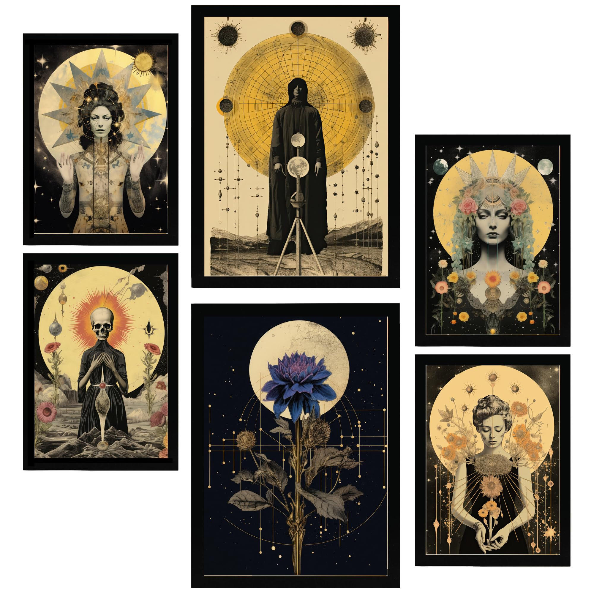POSTER Set Mit 6 Mystischen & Esoterischen SternenA3 & A4 Schwarzer Rahmen - Schwarz, Papier (29/3cm) - Nacnic