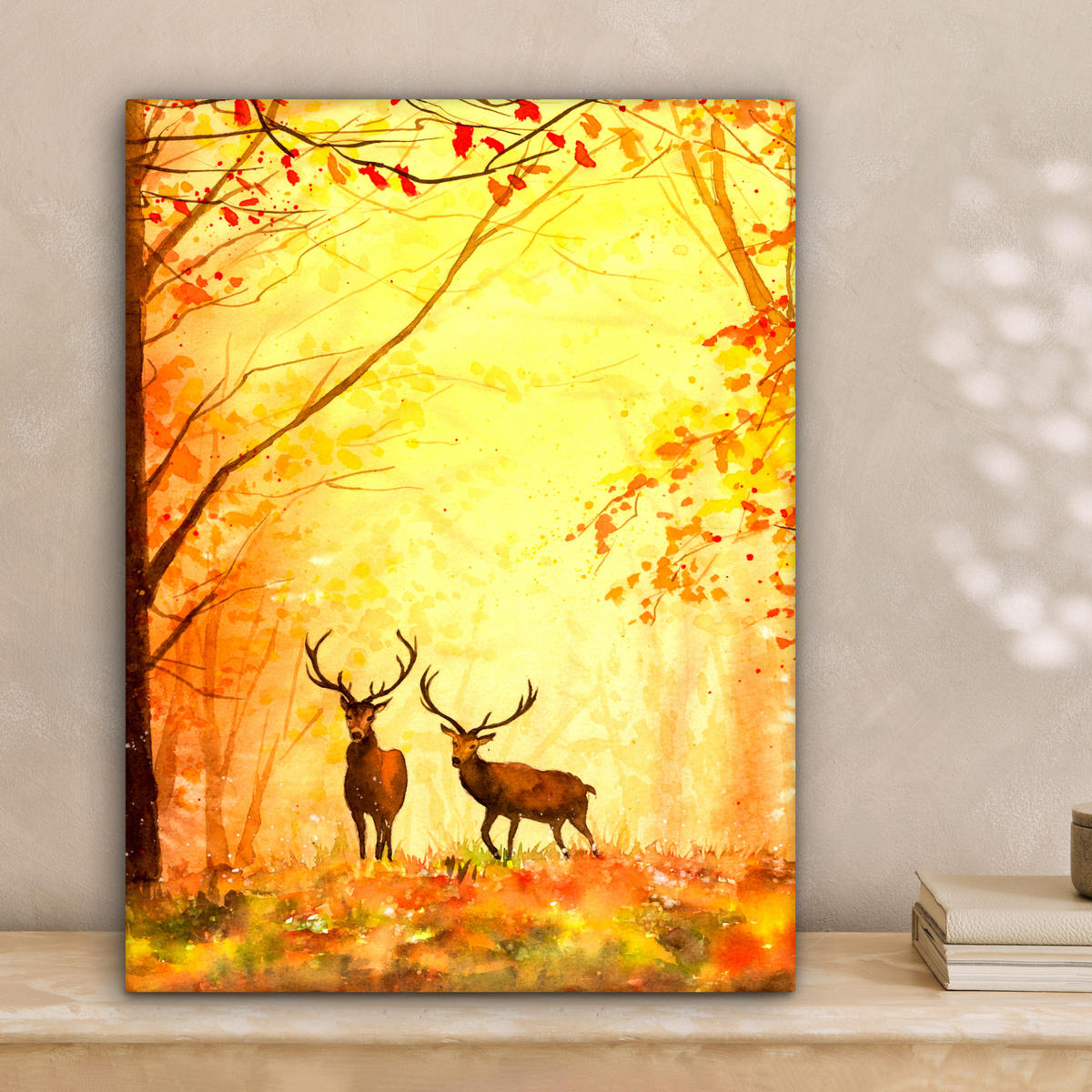 LEINWANDBILD Natur - Ölfarbe - Hirsche - Tiere - Herbst - Orange 30x40 cm - Orange, Textil (30/40cm) - MuchoWow