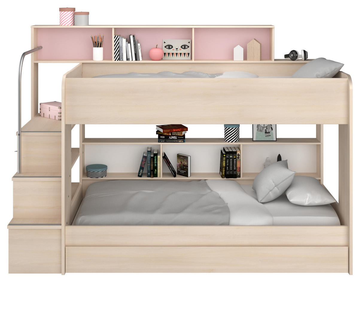 KINDERZIMMER Set 4-tlg. mit Etagenbett und 2 x Schreibtisch - Silberfarben/Akaziefarben, Holzwerkstoff/Kunststoff (245/171/114cm) - Parisot Meuble