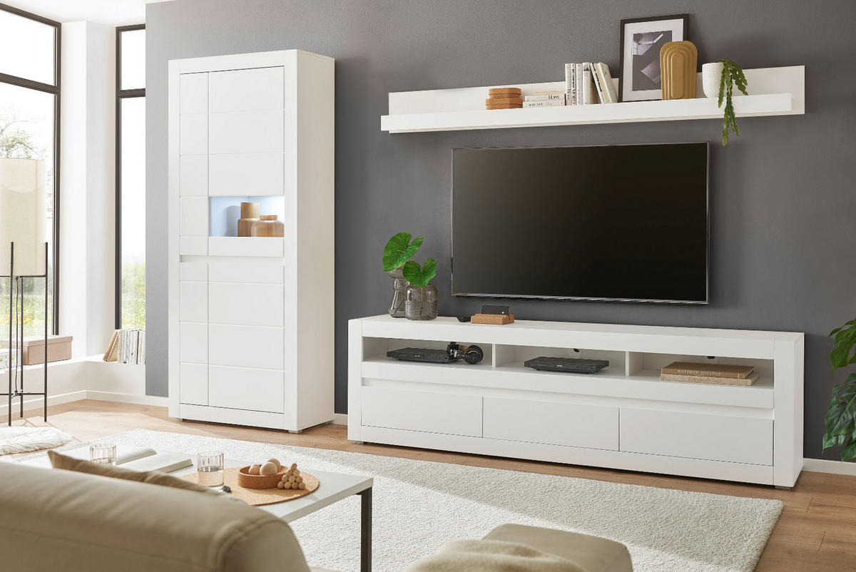 WOHNWAND weiß, Evoke Eiche, Kombination 3-teilig, Soft-Close-Funktion und Beleuchtung - Silberfarben/Weiß, Holz/Holzwerkstoff (312/198/42cm) - Furn.Design
