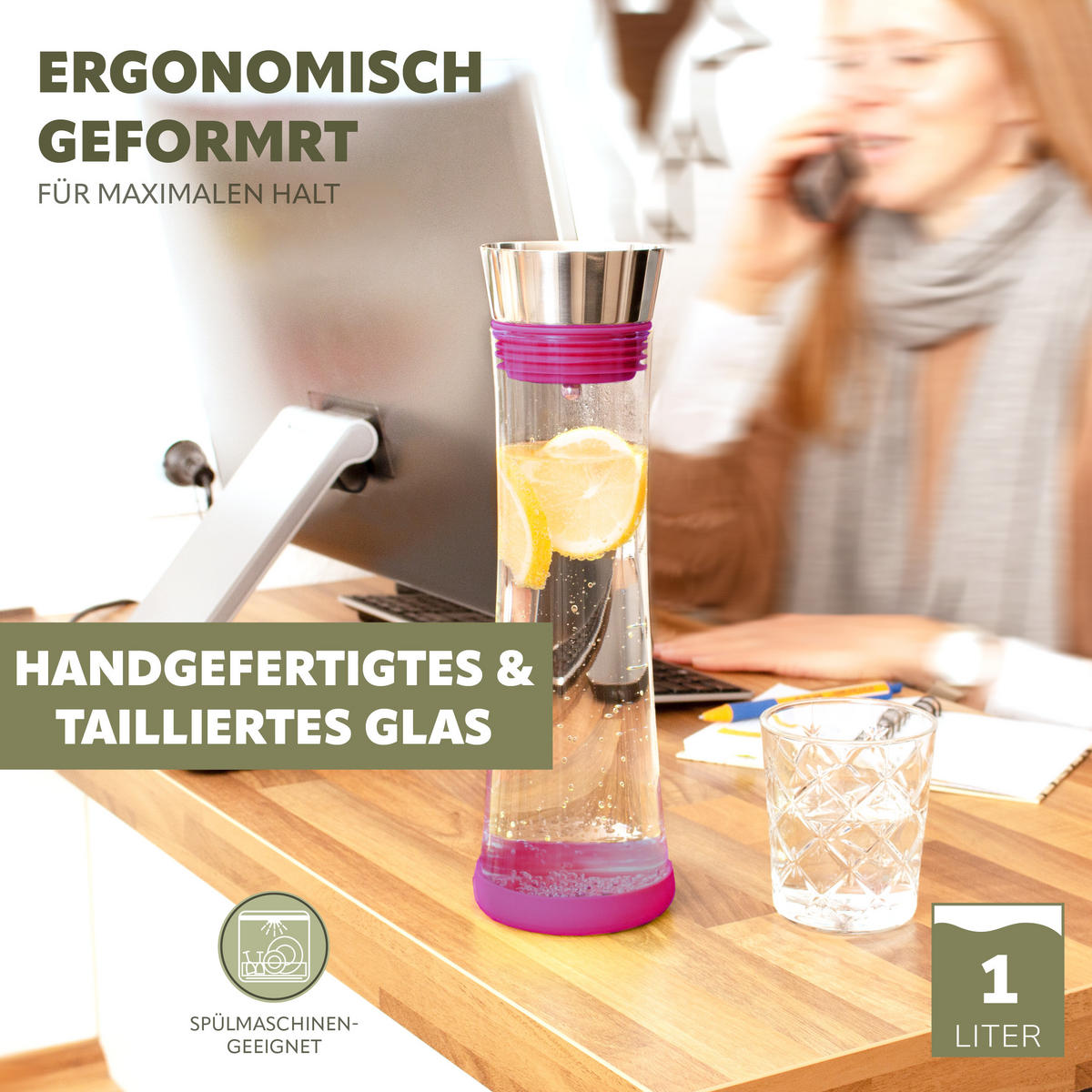 GLASKARAFFE 1 Liter CAROLA, lila, Edelstahl, Silikon - Magenta, Glas (1L) - bremermann