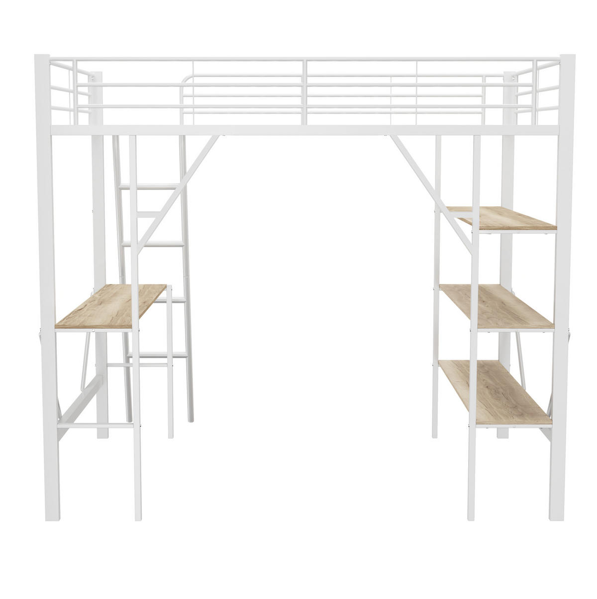 HOCHBETT 90/200 cm mit Schreibtisch und 3 Ablagen, Metall- und MDF-Konstruktion, Sicherheitsgeländer, Weiß - Weiß, Holzwerkstoff (90/200cm) - Redom