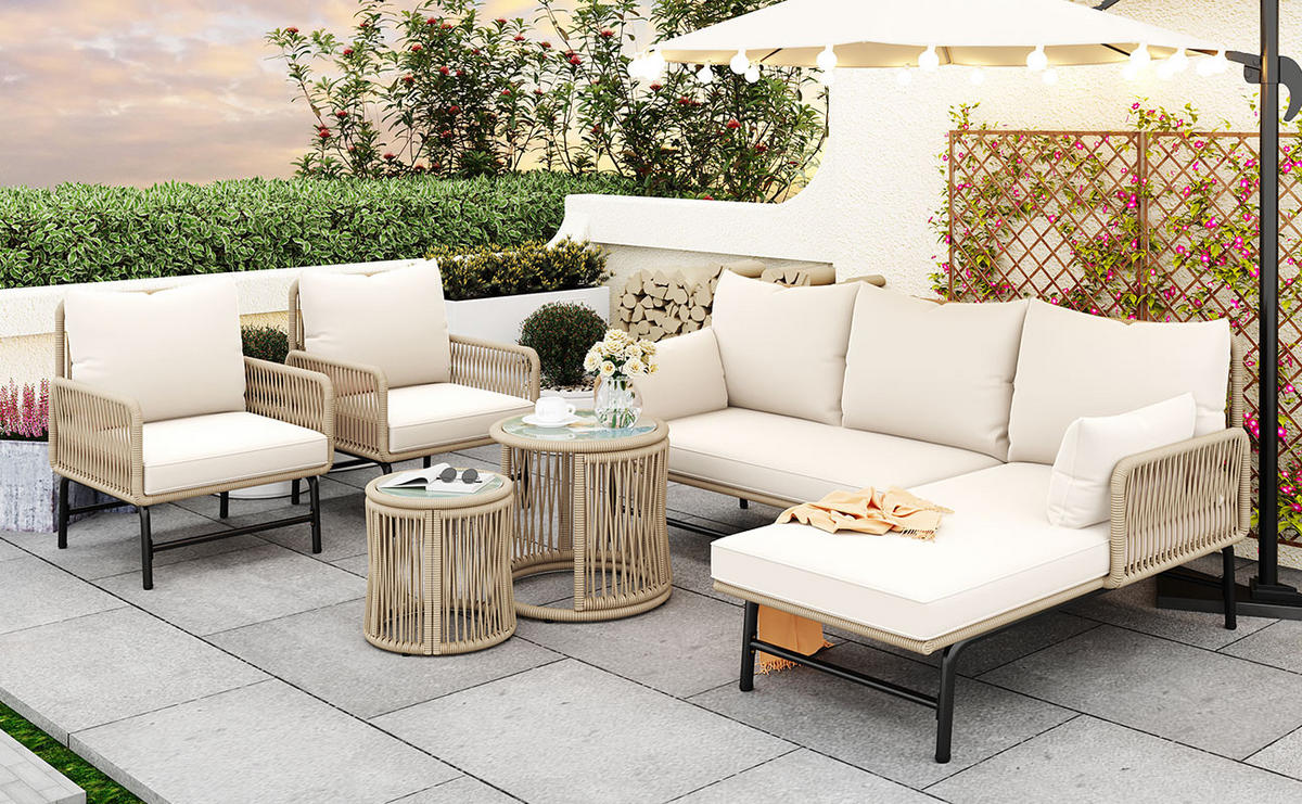 GARTENLOUNGE-SET mit Eisenrahmen & handgewebtem Seil, 6-teilig, 71/124/80 cm, Beige, inkl. Kissen - Beige, Metall - Redom