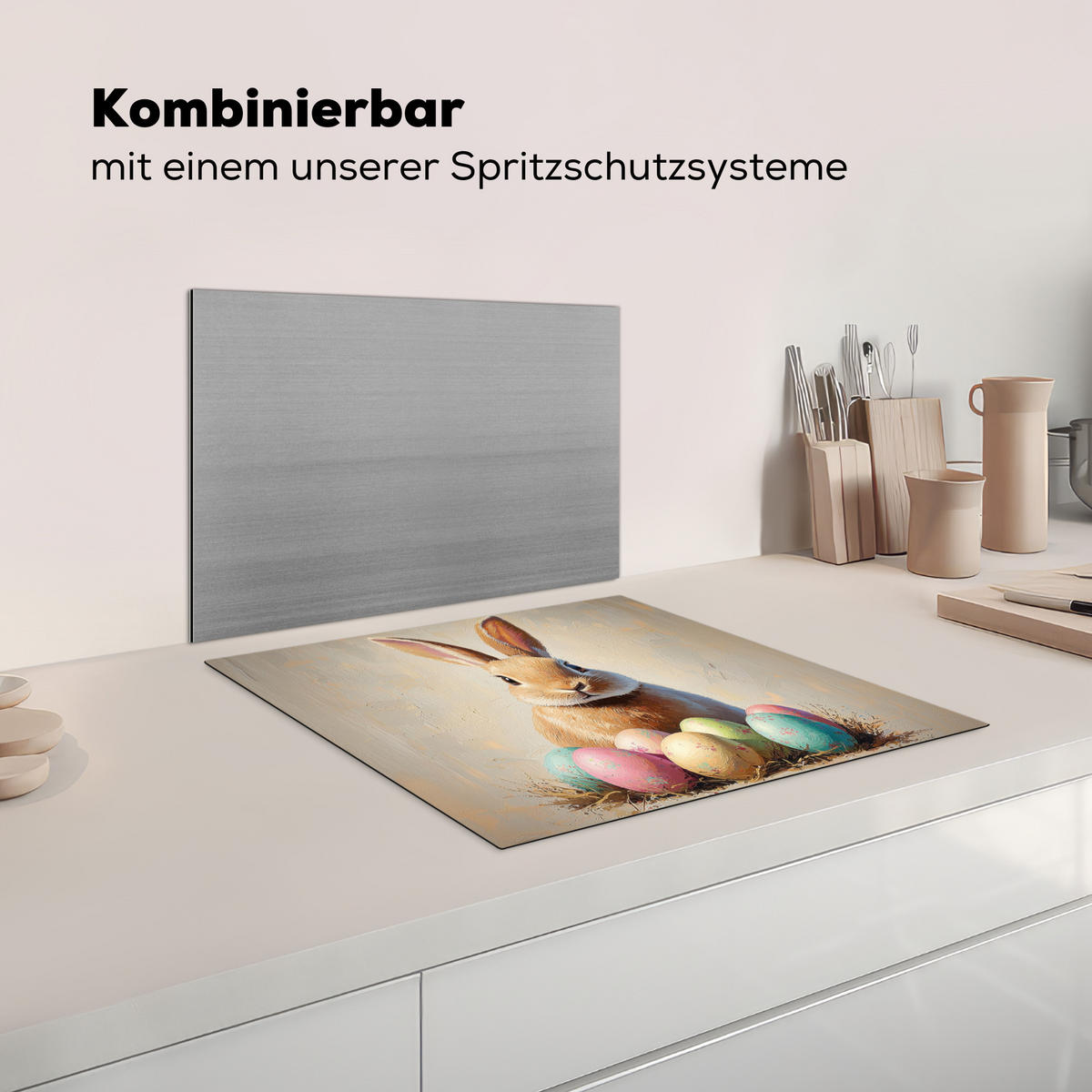 HERDABDECKPLATTE Osterhase - Pastell - Eier Abdeckung Ceranfeld 58.3x51.3 cm - Beige, Kunststoff (58.3/51.3/0.2cm) - MuchoWow