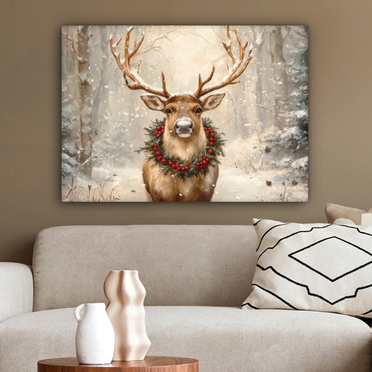 LEINWANDBILD Weihnachten - Rentier - Winter - Kranz Wandbilder 80x60 cm - Naturfarben, Textil (80/60cm) - MuchoWow