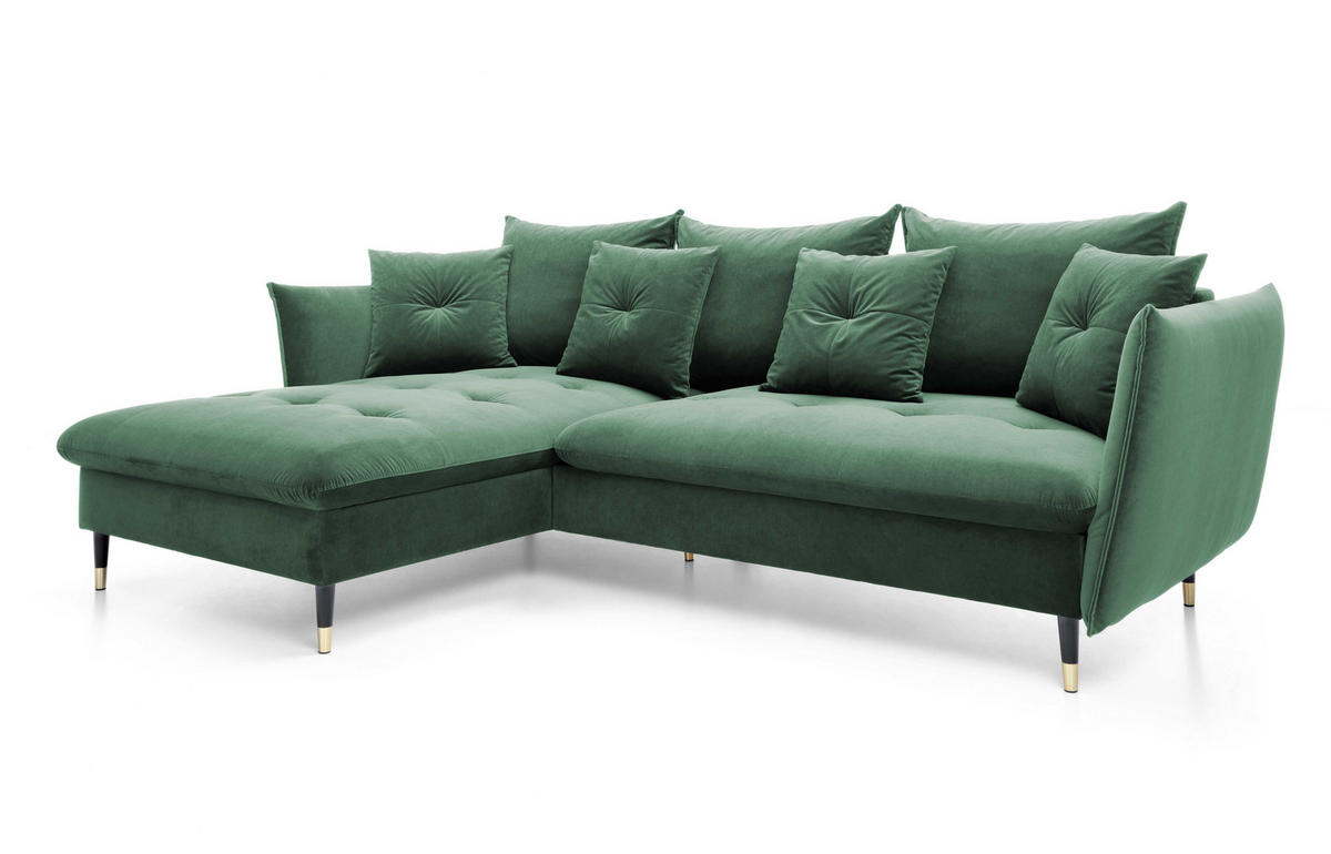 ECKSOFA GLAM mit Schlaffunktion, Ottomane & goldenen Füßen – Samtsofa im Glamour-Stil mit Zierkissen, 258x167x91cm, Linke, GRÜN - Grün, Holz/Textil (167/258cm) - DomoHome