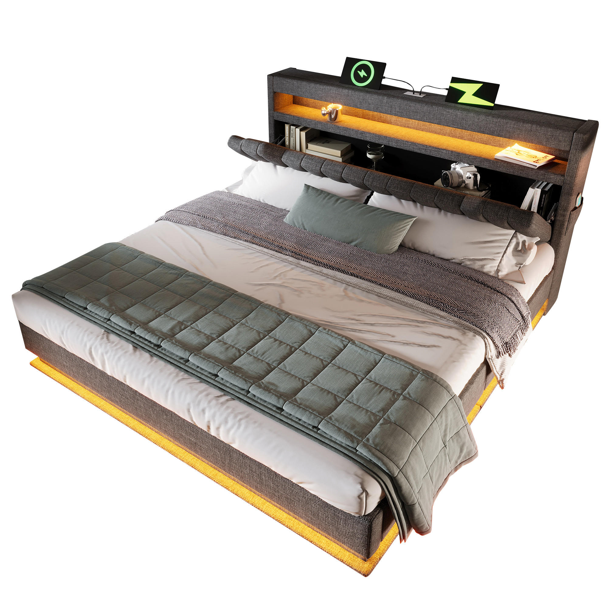 POLSTERBETT 140/200 cm mit LED, USB, Matratze, Type-C, Stauraum-Kopfteil und hydraulischem Bettkasten, Leinen, Grau - Grau, Textil (140/200cm) - Redom