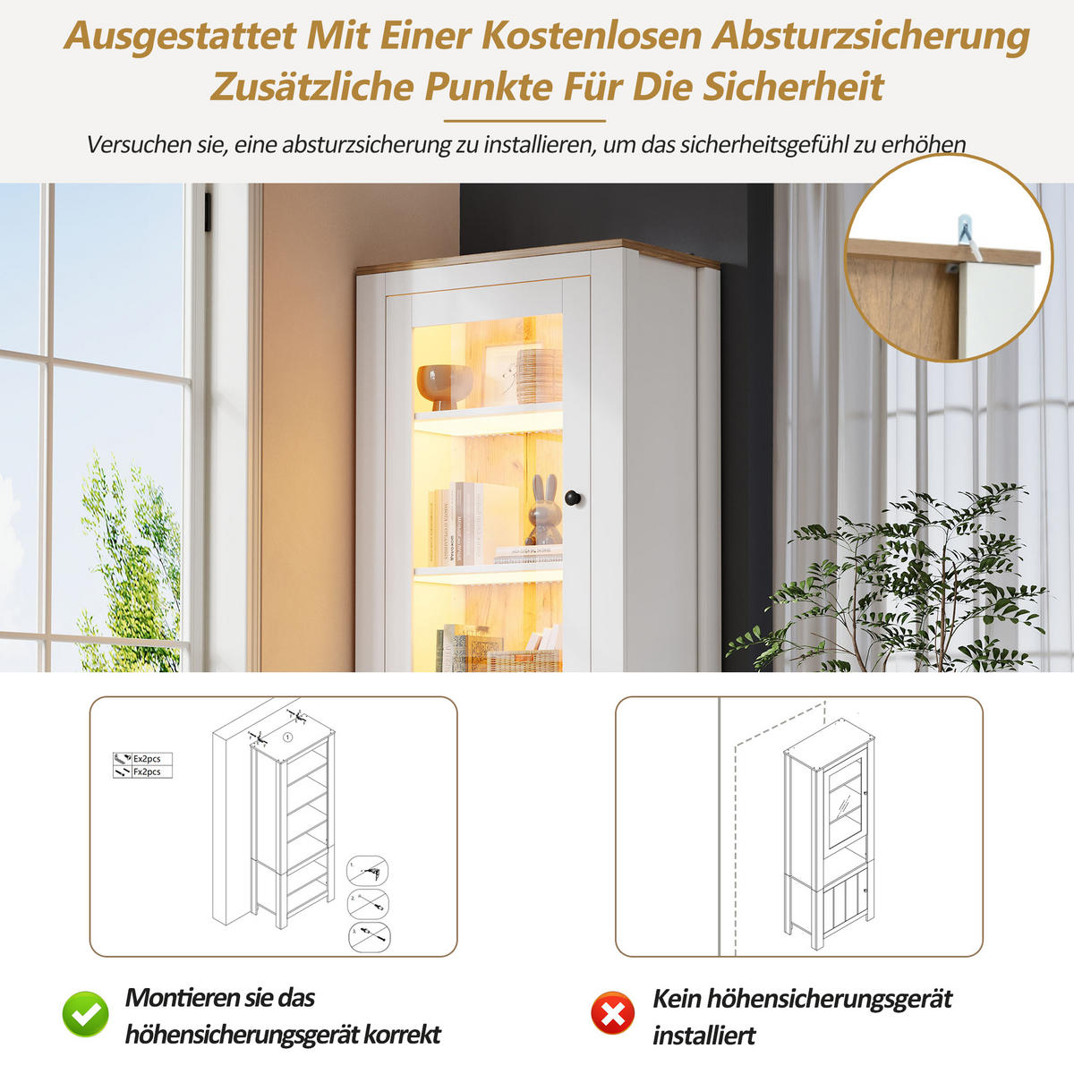 VITRINE LED Hochschrank Glas 188cm 6 Böden Weiß Holzoptik - Weiß, Holzwerkstoff (70/188/40cm) - FLIEKS